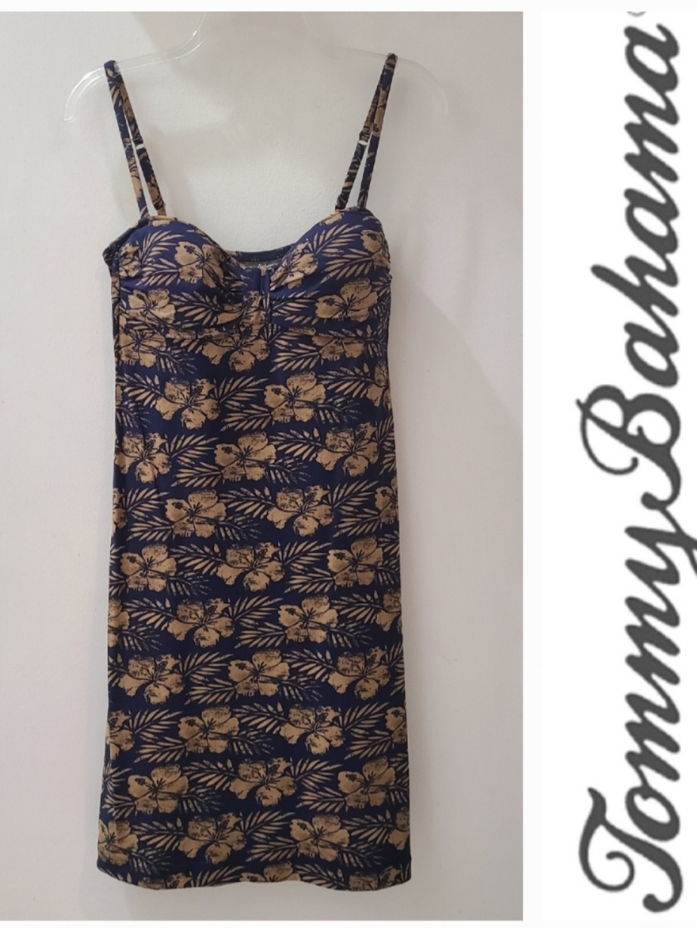 Tommy Bahama Sundress Tropical Hibiscus Spaghetti Strap Navy/Tan Sz S Resortwear